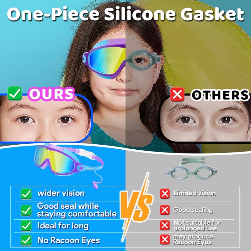 Vvinca Swim Goggles, Kids Goggles with Earplugs& Nose Clip Wide View Anti-Fog/UV Swimming Goggles for Age 3-15 Boys Girls - Image 4